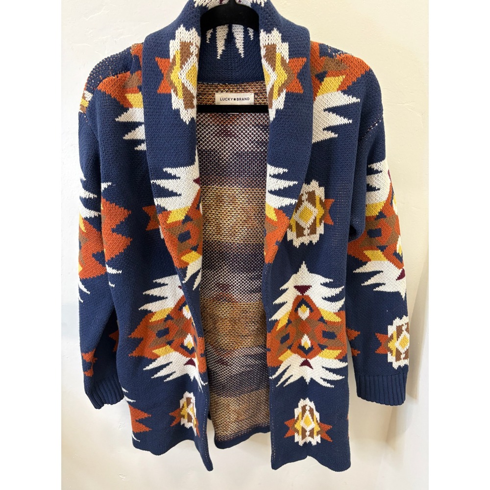 Lucky Brand Southwestern Shawl Collar Cardigan Navy Blue Geometric Sweater M